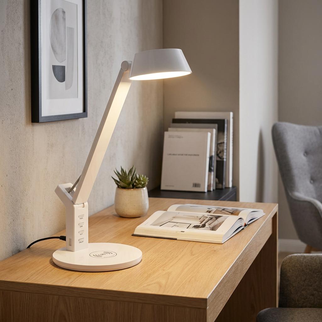 Modern white LED touch lamp with wireless charging base illuminates a wooden desk with books and a small plant.