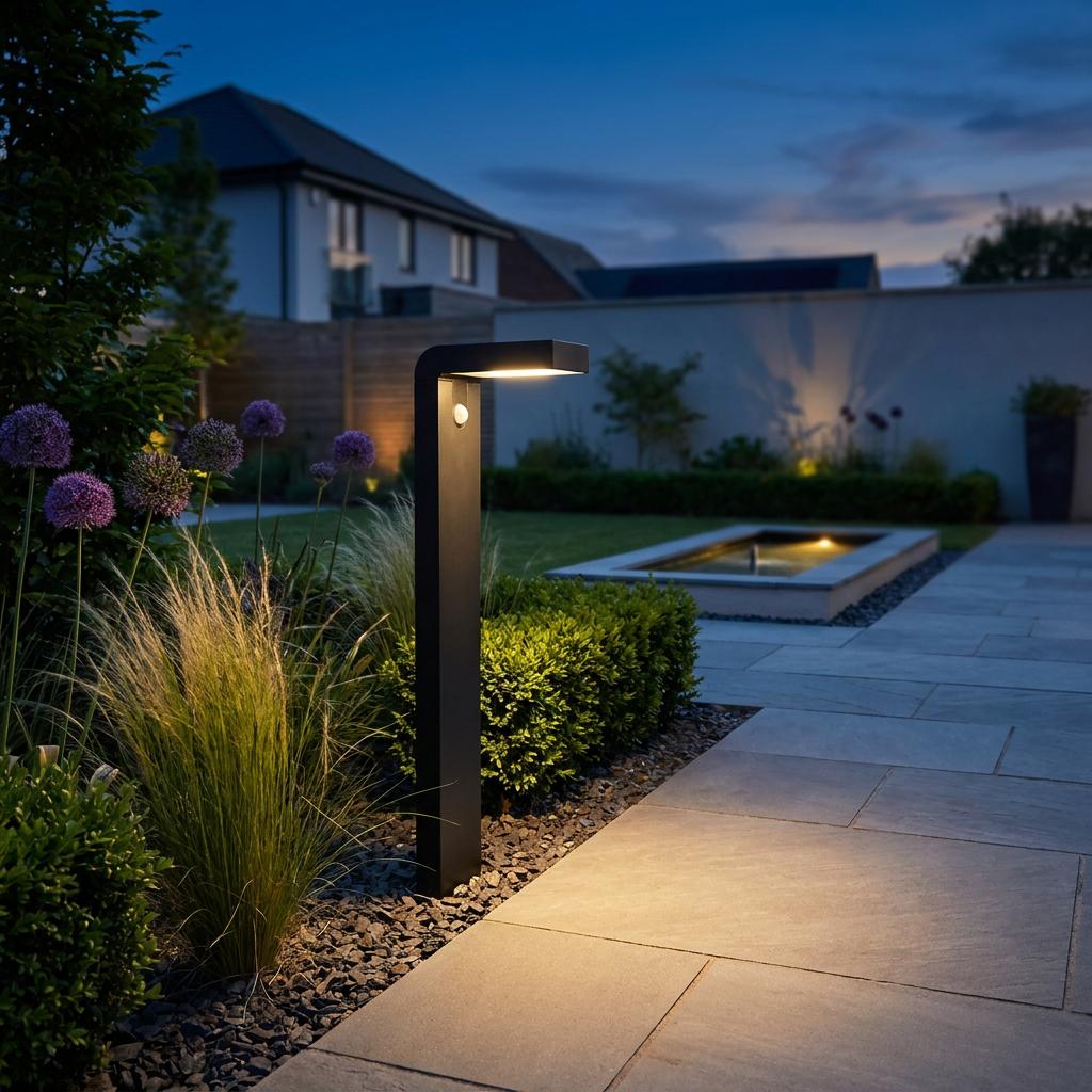Black solar LED bollard light illuminating a stone garden path at dusk near purple allium flowers.