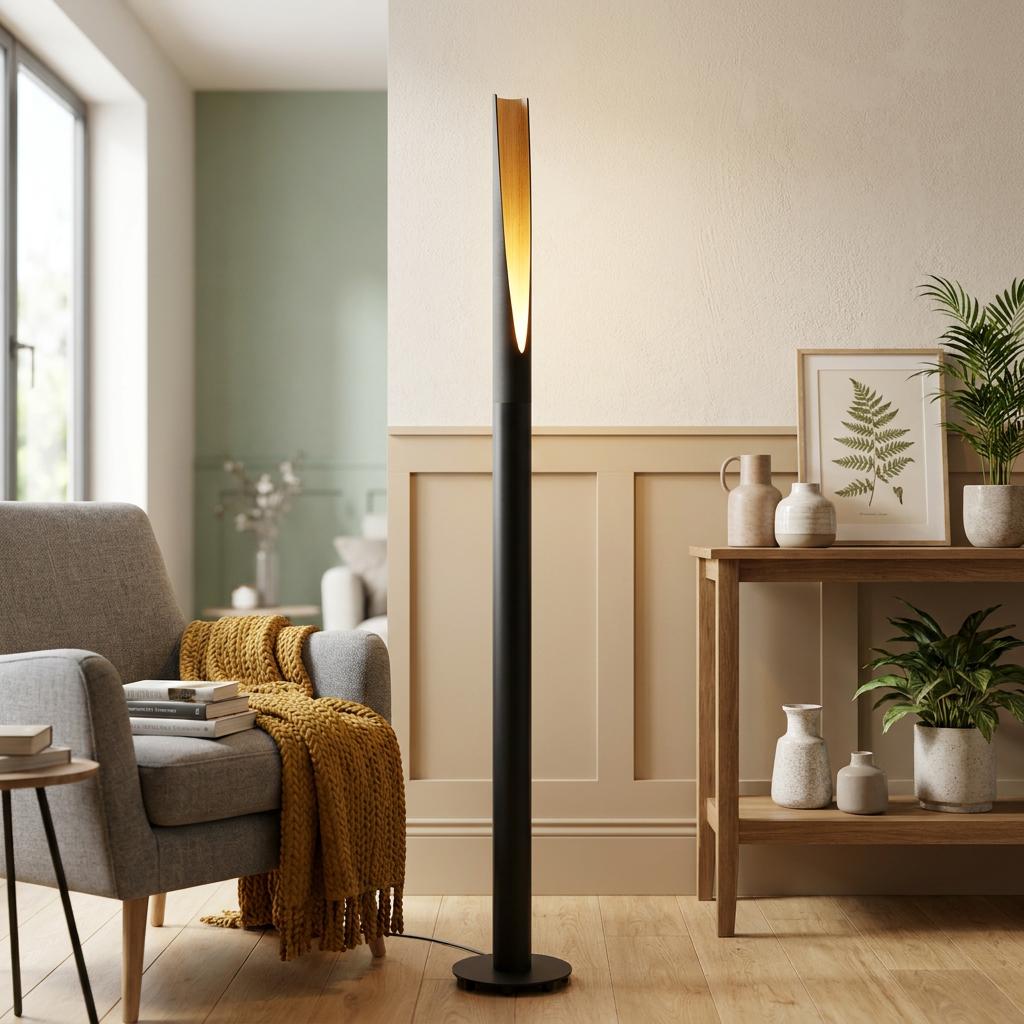 Sleek black floor lamp with a warm wood interior glows beside a grey armchair in a modern living room.