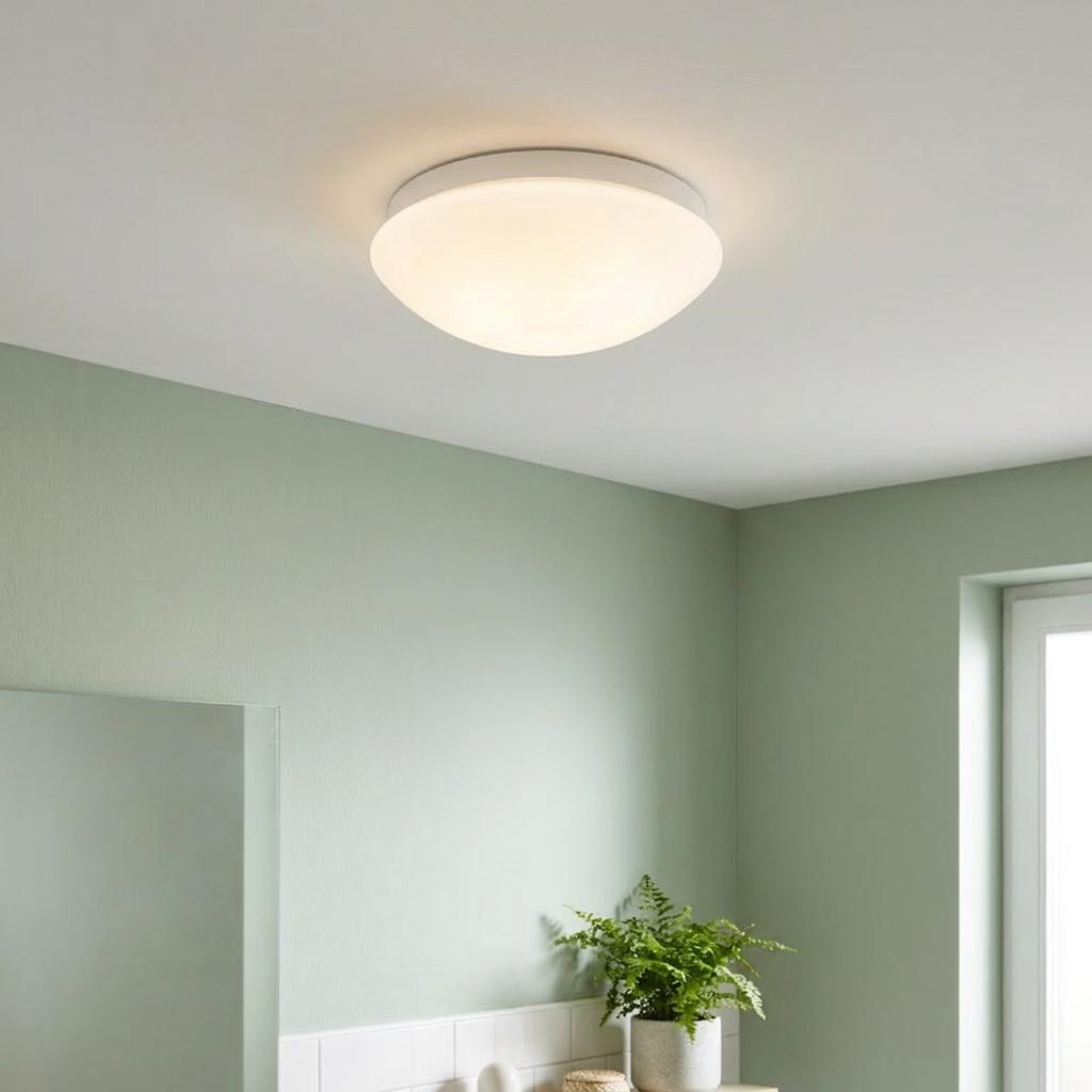A flush white glass dome ceiling light illuminates a modern green bathroom.