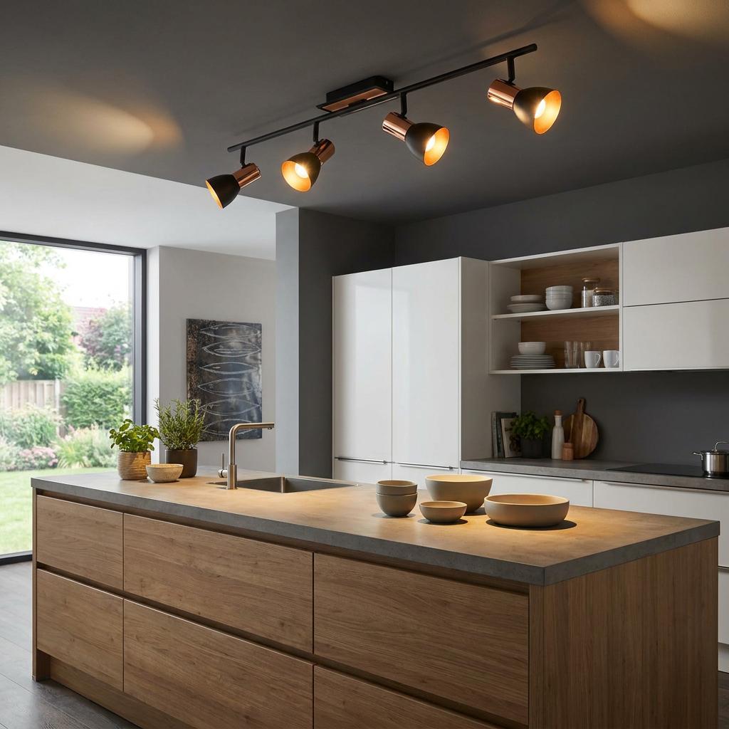 Modern copper and black four-light bar spotlight illuminating a contemporary kitchen island.