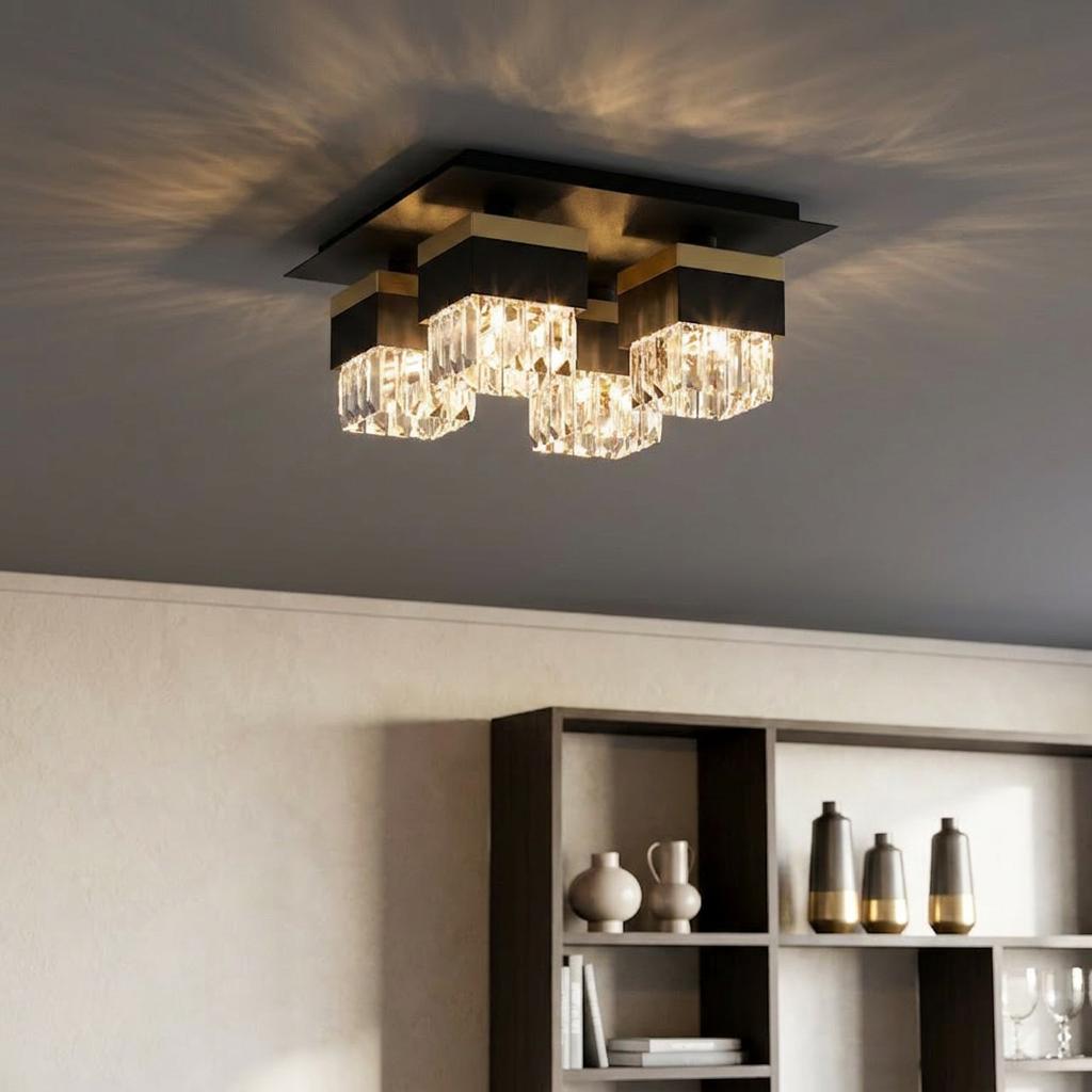Modern Eglo Barrancas flush ceiling light with four glass crystal cube fixtures on a black and gold base.