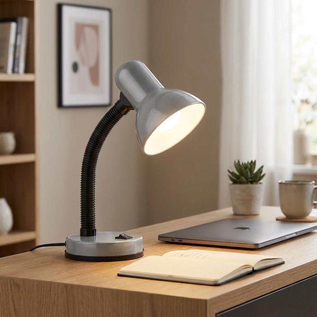 Silver adjustable desk lamp with a black flexible neck illuminated on a wooden office desk.