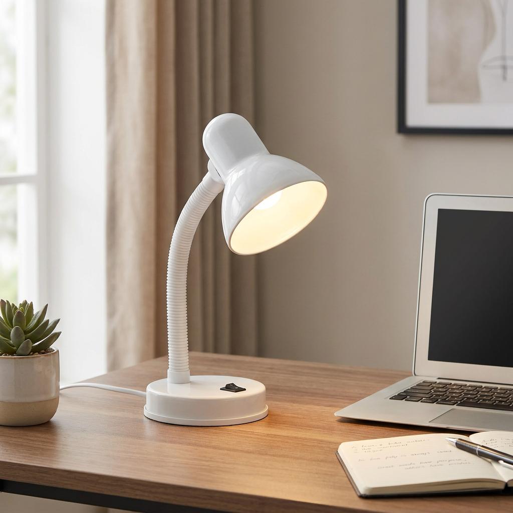 White adjustable metal desk lamp illuminated on a wooden desk next to a laptop and notebook.