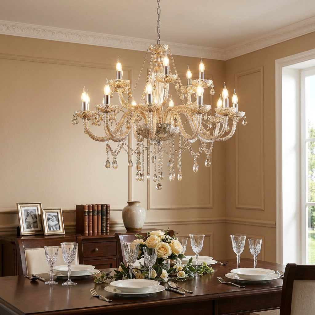 Ornate 18-light cognac glass chandelier with crystal drops hanging above an elegantly set dining table.