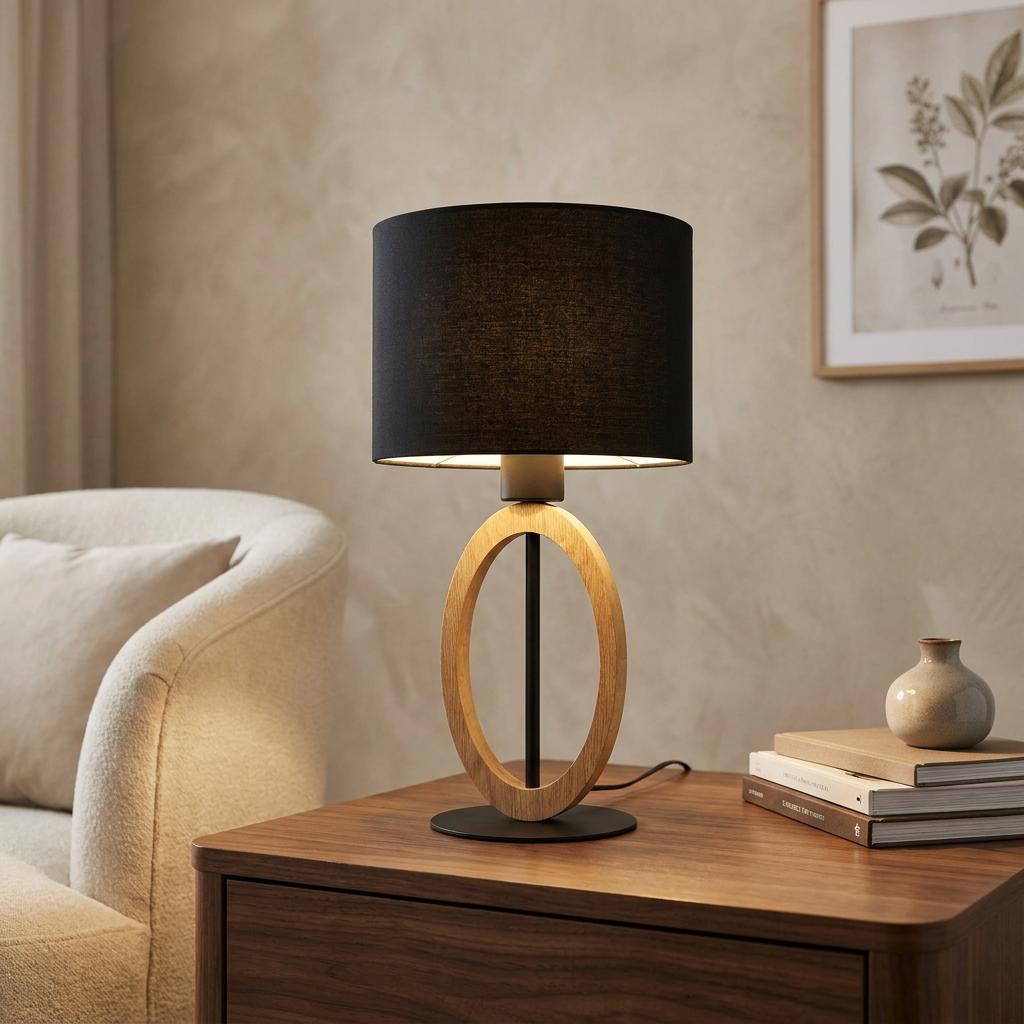 Black drum shade table lamp with an oval wooden base sitting on a dark wood table in a modern living room.