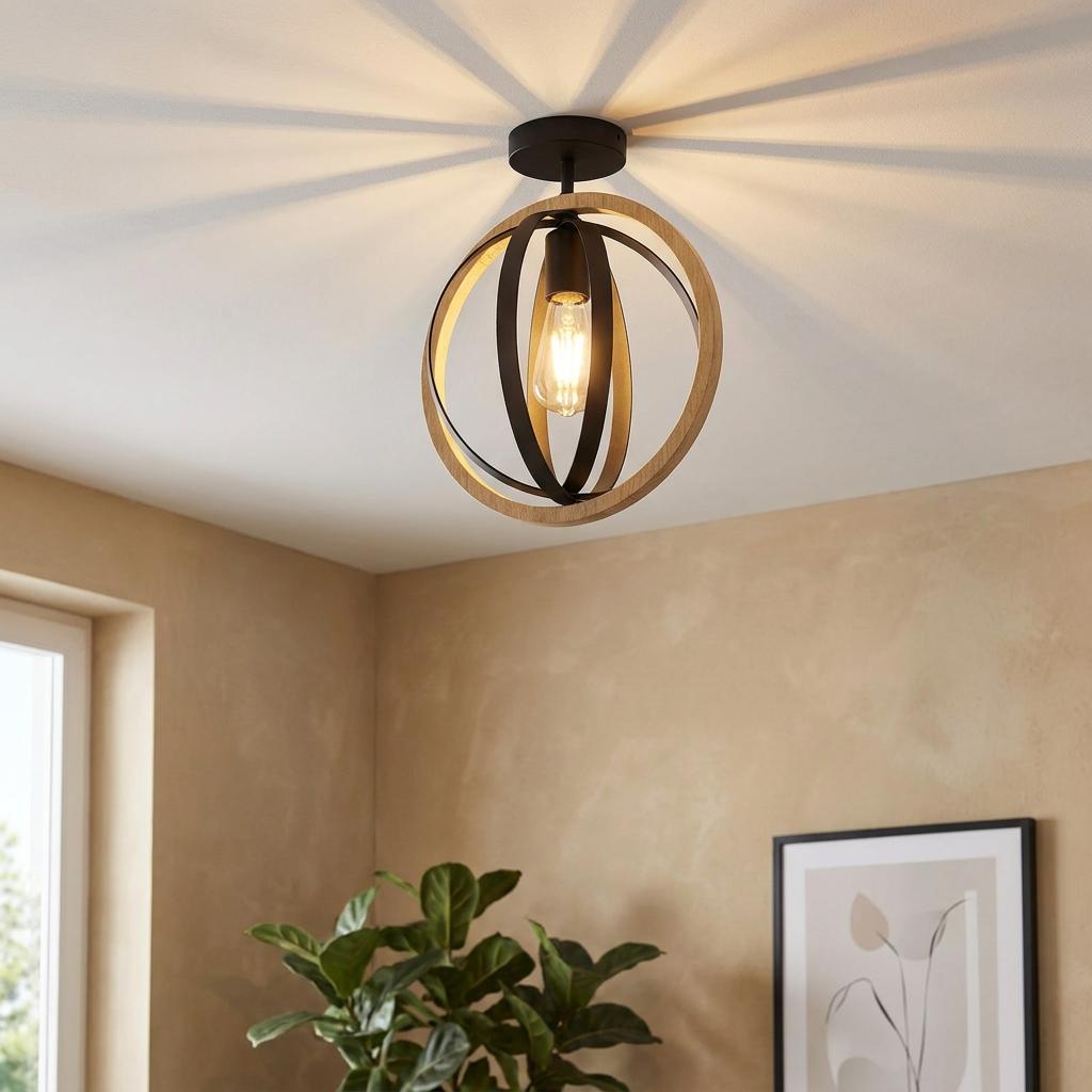 Eglo Basildon globe ceiling light with black metal and wood rings, casting shadows in a contemporary room.
