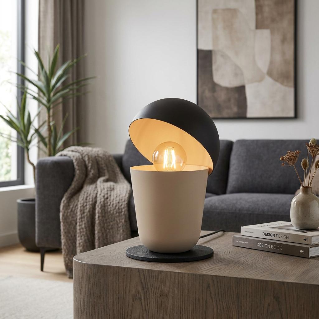 Modern table lamp with a black dome shade and sand base, sitting on a wooden table in a stylish living room.