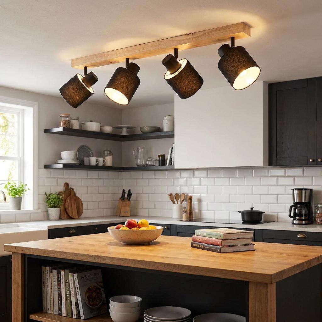 Eglo Batallas four-light bar spotlight with black fabric shades and a wood base mounted in a modern kitchen.