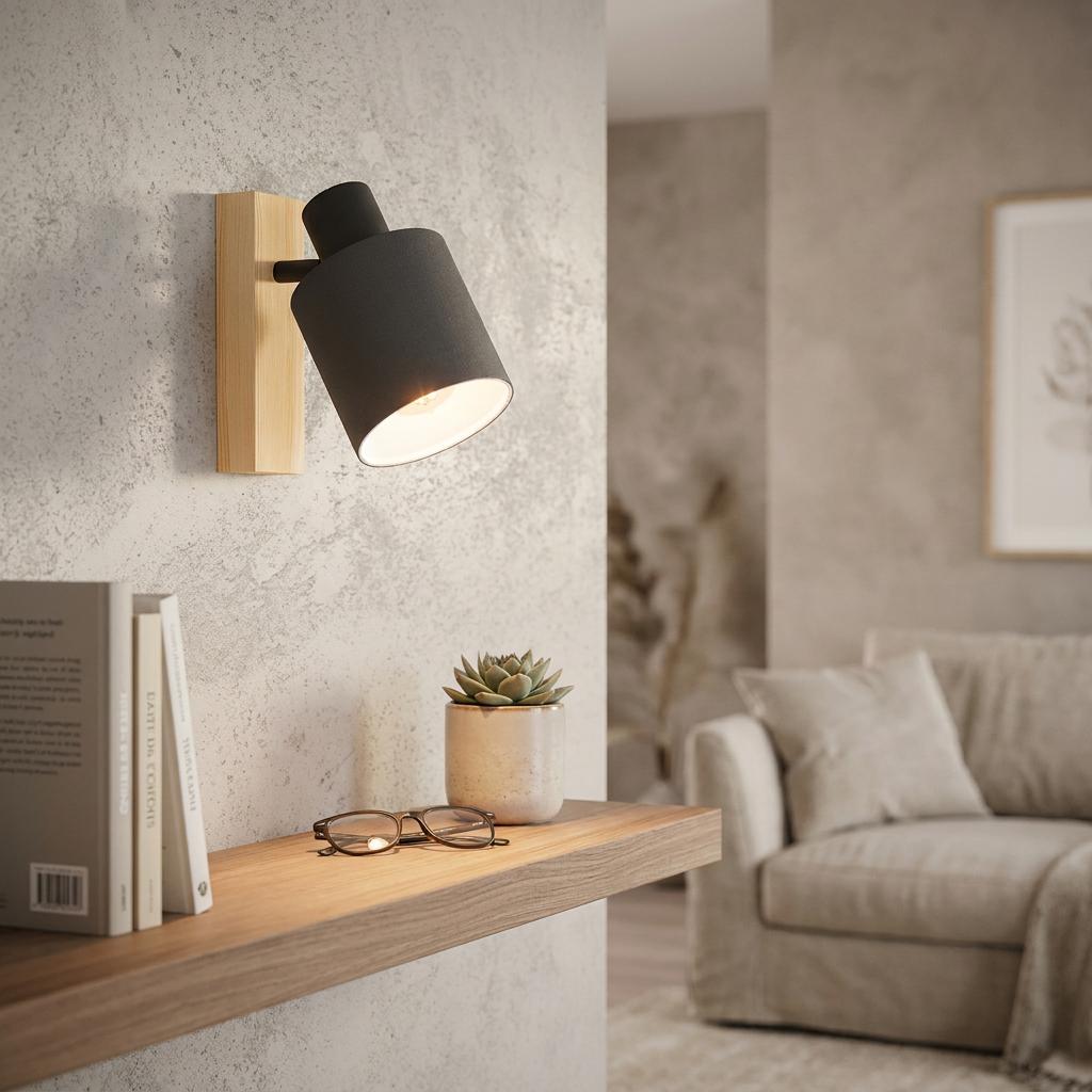 Modern black spotlight with a light wood base mounted on a textured wall above a shelf.