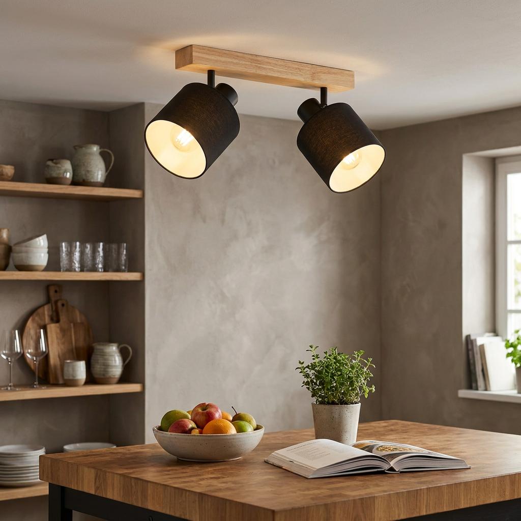 A two-light ceiling spotlight with black fabric shades and a wooden bar, lighting up a warm kitchen interior.