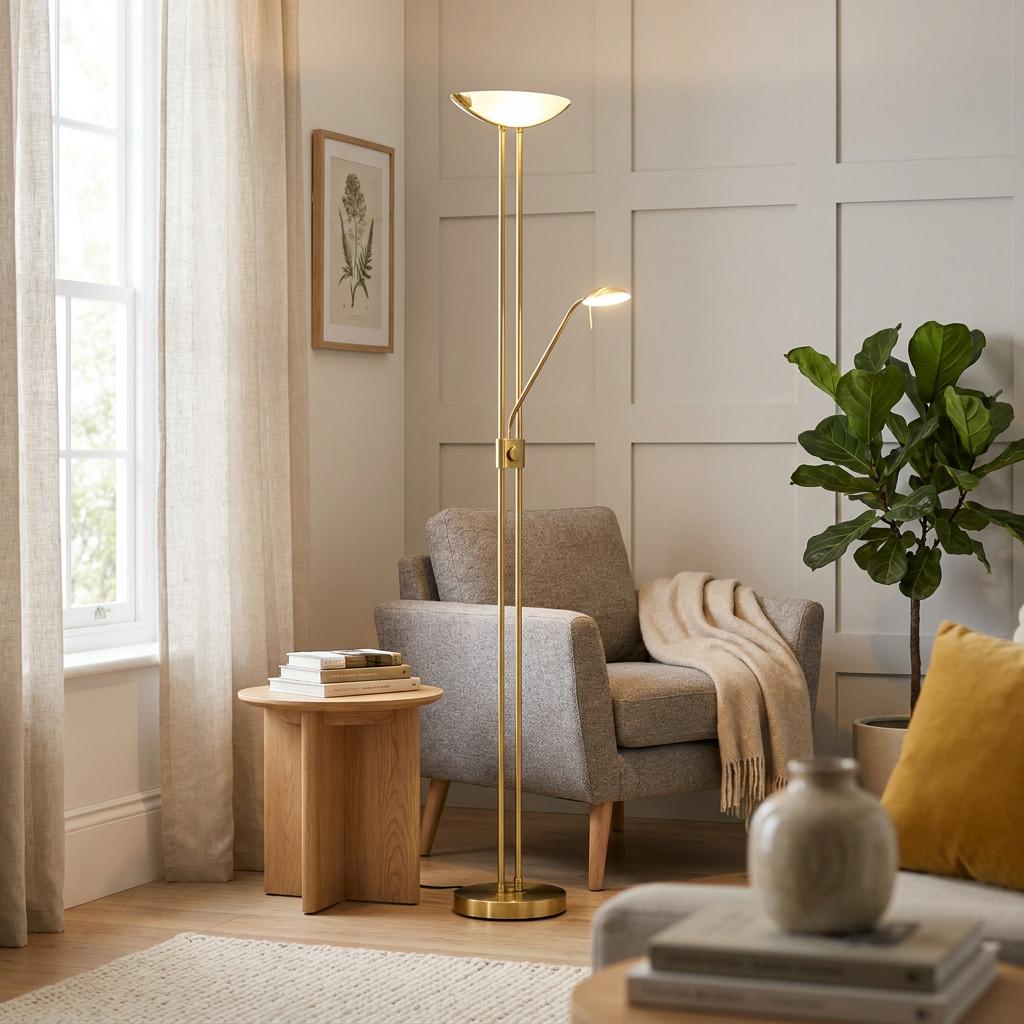 Brass mother and child floor lamp providing warm light in a modern living room setting with an armchair and side table.
