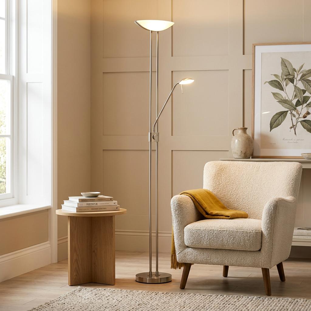 Mother and child floor lamp illuminating a cozy living room with a white armchair and wooden side table.