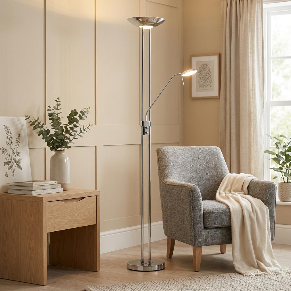 Chrome mother and child floor lamp stands beside a grey armchair in a neutral, warmly lit living room.