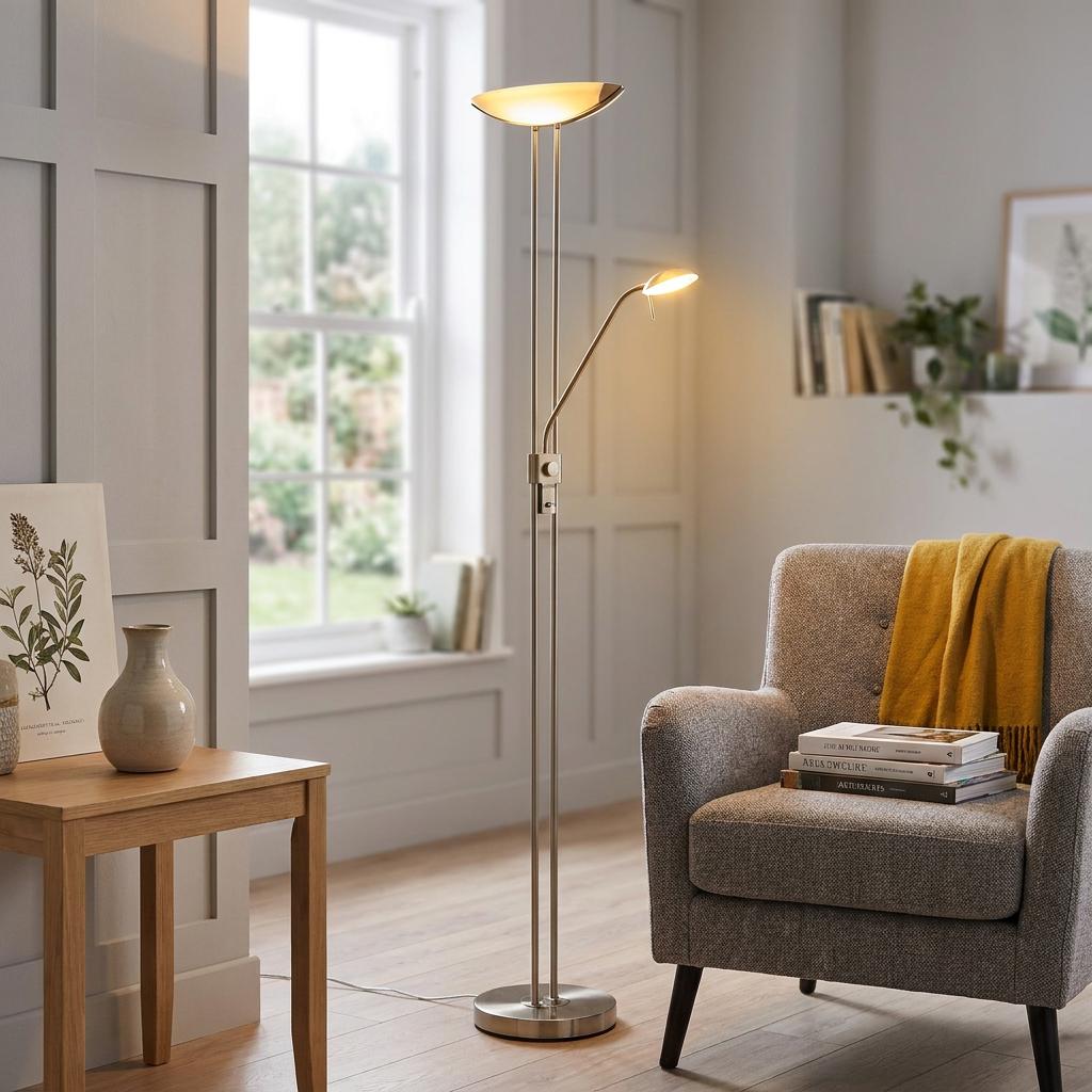 Satin nickel mother and child floor lamp illuminating a cozy living room with a grey armchair and window.