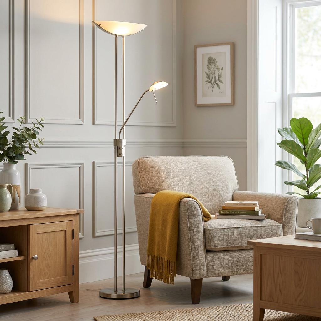 Satin nickel mother and child floor lamp illuminating a cozy living room corner next to a beige armchair.