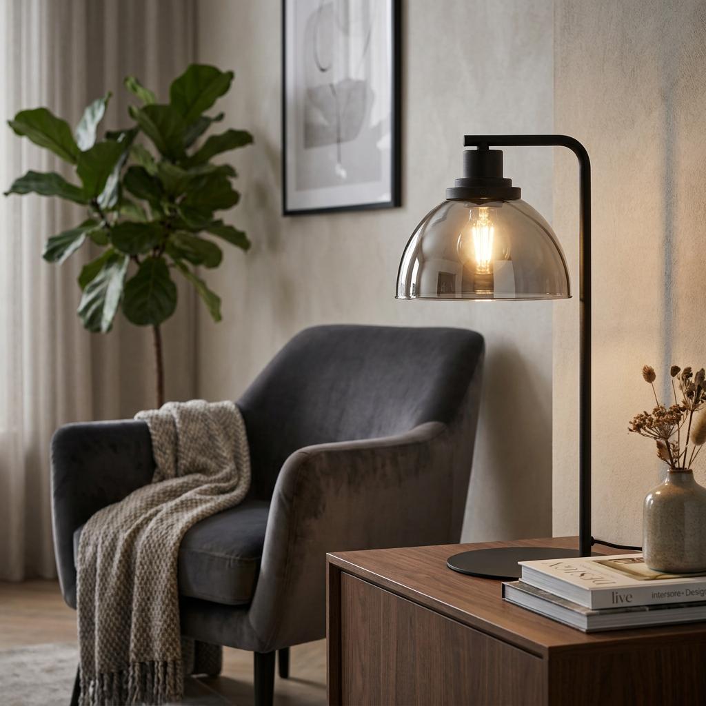 Eglo Beleser table lamp with black frame and smoked glass shade on a wooden table in a cozy living room.