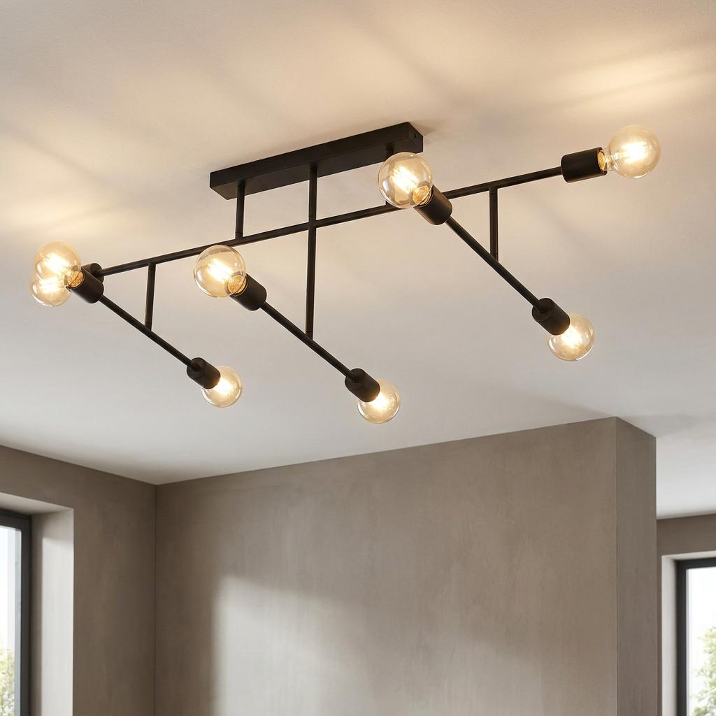 An Eglo Belsiana 8-light adjustable black flush ceiling light with illuminated filament bulbs in a modern room.