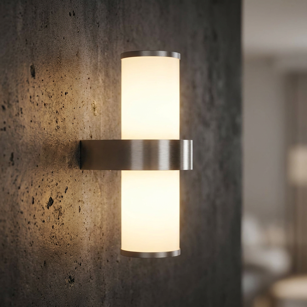 Cylindrical outdoor wall light with stainless steel base and white glass, illuminated against a stone wall.