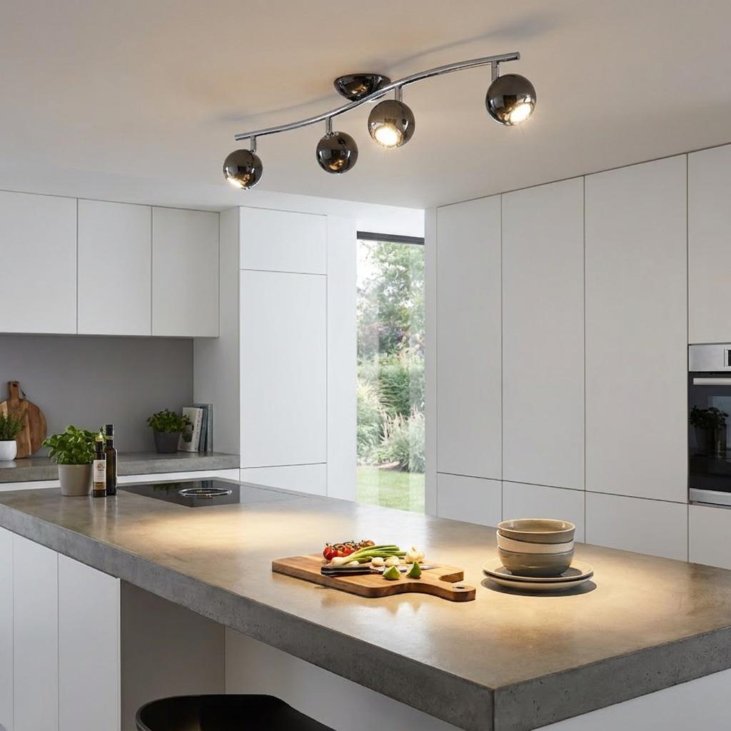 Eglo Bimeda 4-light black nickel bar spotlight illuminating a modern kitchen island.