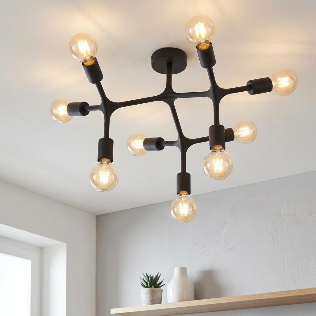 A modern black 9-light ceiling flush mount with glowing globe bulbs installed on a white ceiling.