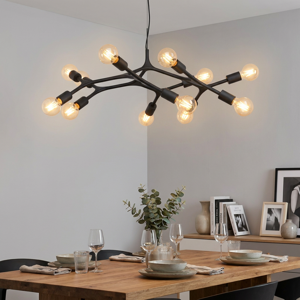 Black 12-arm spider-style pendant light with glowing filament bulbs hanging over a set dining table.