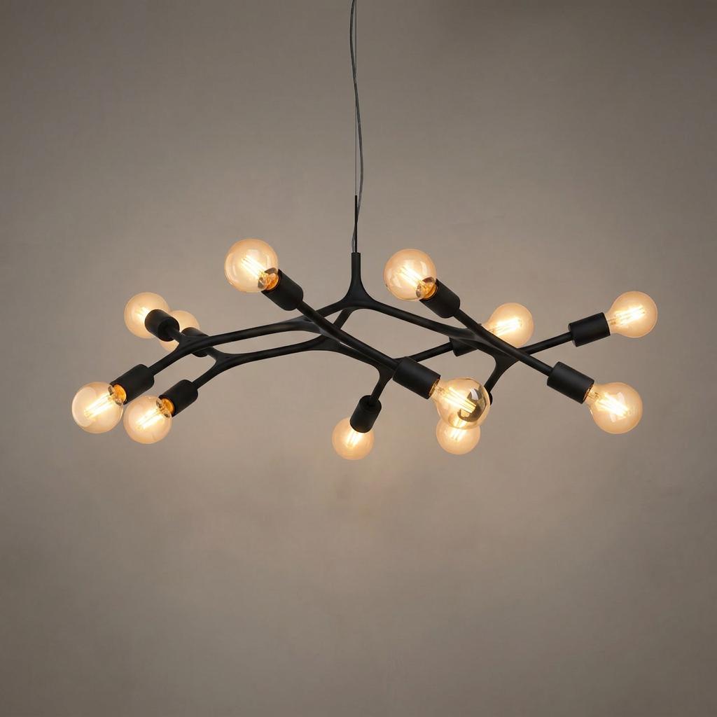 Modern black metal 12-arm pendant light with branching arms and warm exposed filament bulbs.