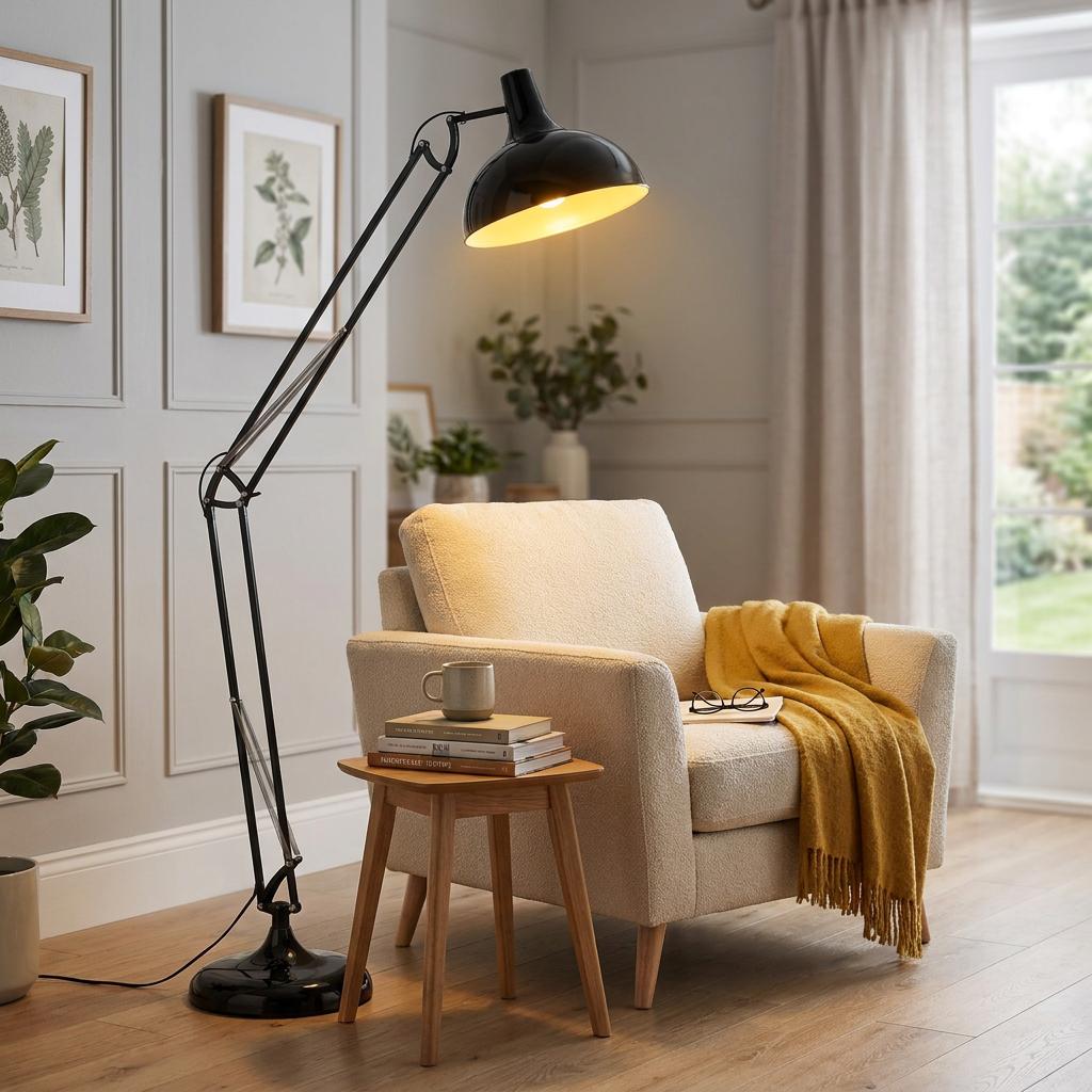 Eglo Borgillio black metal floor lamp casts light over a white armchair in a neutral-toned living room corner.