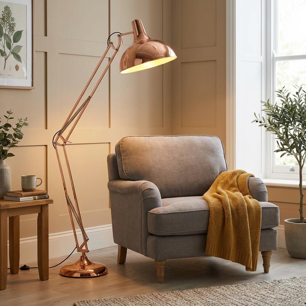 Copper adjustable floor lamp illuminating a grey armchair with a yellow throw in a cozy living room.