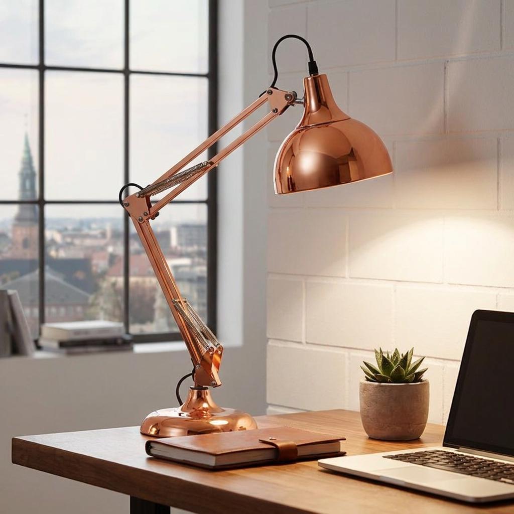 A copper adjustable desk lamp illuminates a wooden desk with a laptop and plant against a white brick wall.