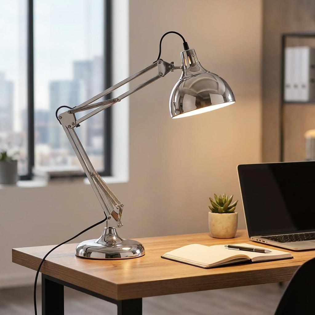 Silver adjustable architect-style desk lamp on a wooden desk with a laptop and notebook.