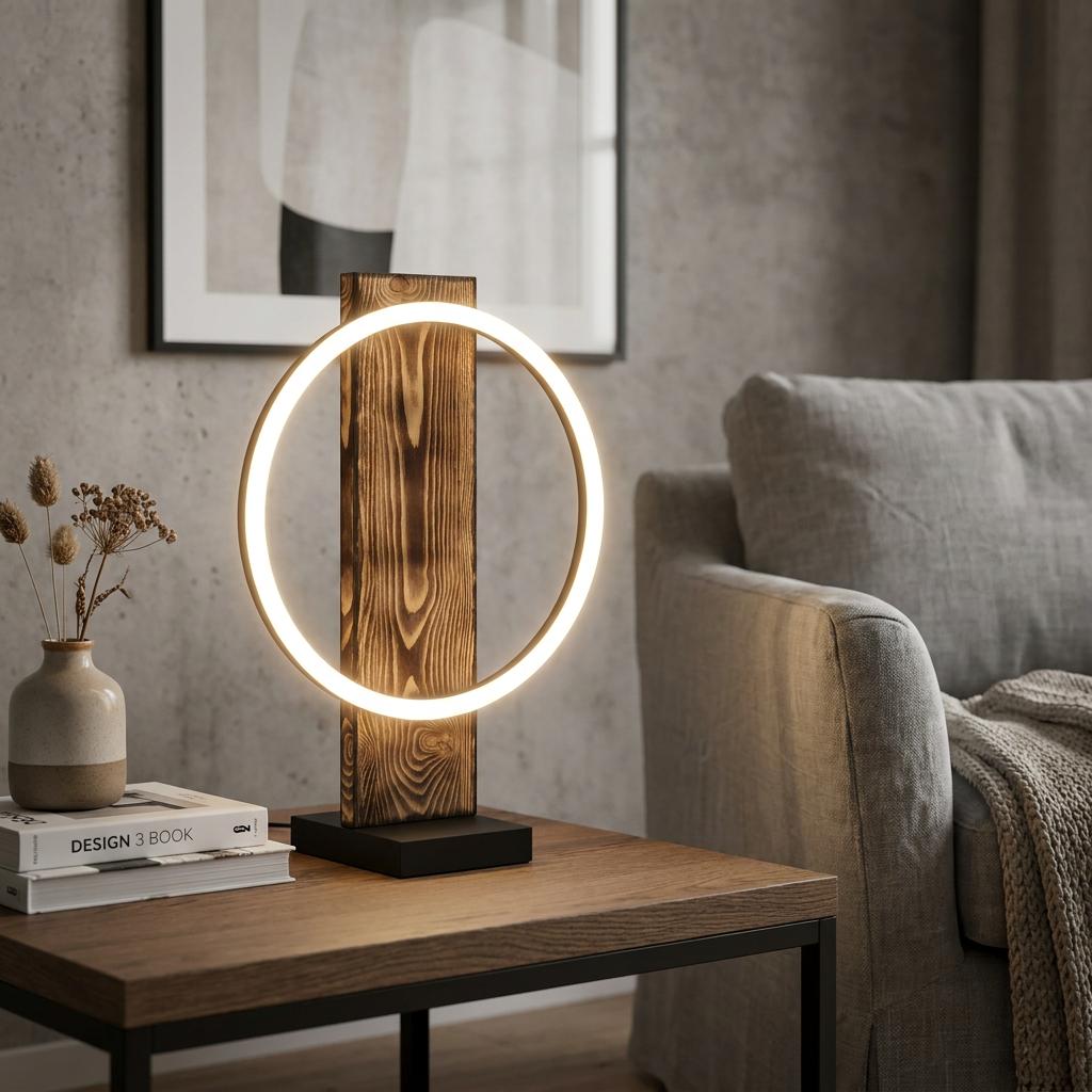 Eglo Boyal mottled wood LED table lamp with a glowing circular ring on a side table in a modern living room.