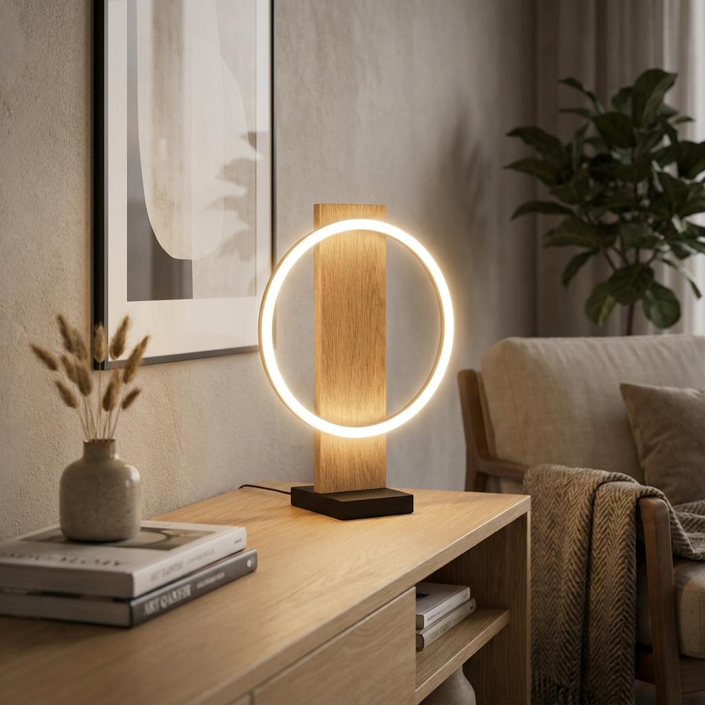 A circular LED table lamp with a vertical oak wood stand on a console table in a modern living room.