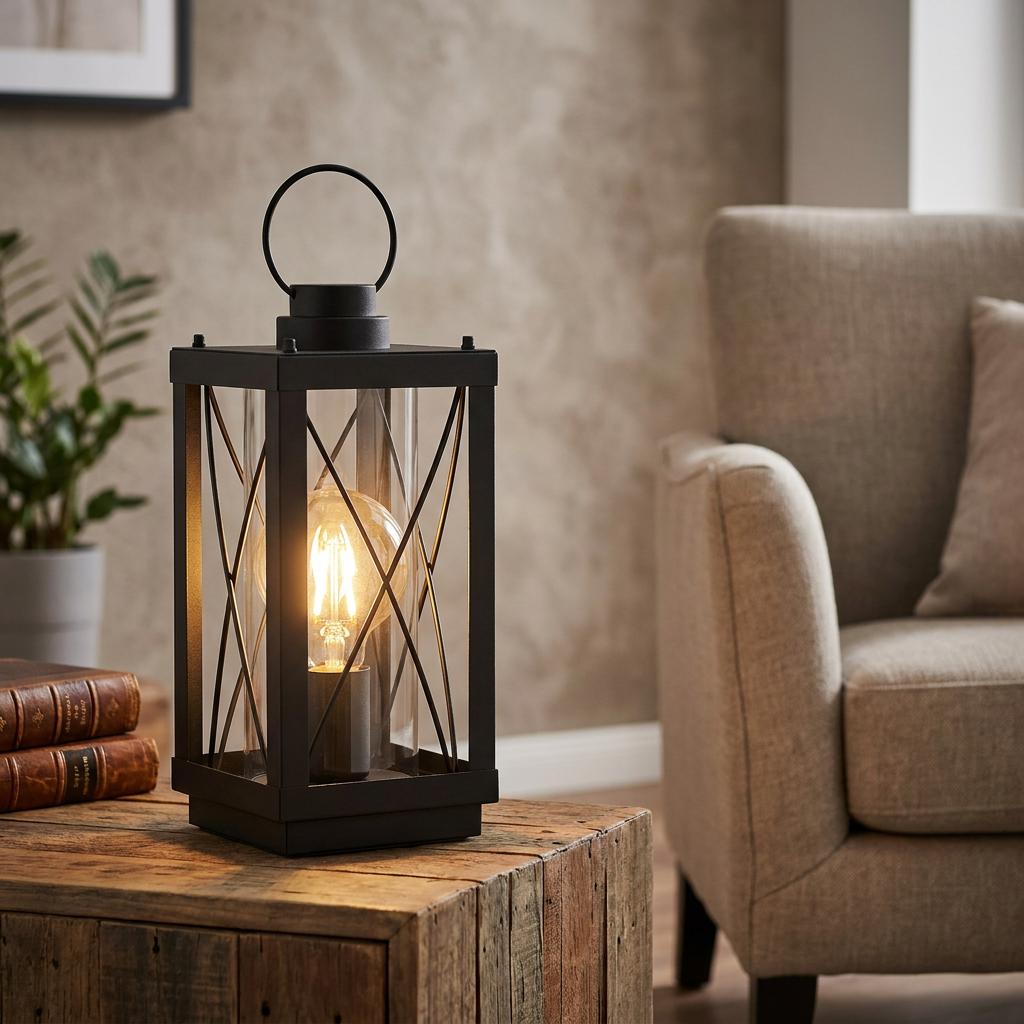 A black cross-wired lantern table lamp with a glowing Edison bulb on a rustic wooden table in a cozy living room.
