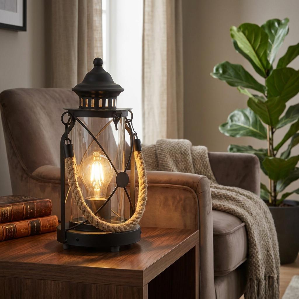 Black lantern table lamp with a rope handle and glowing filament bulb on a wooden side table.