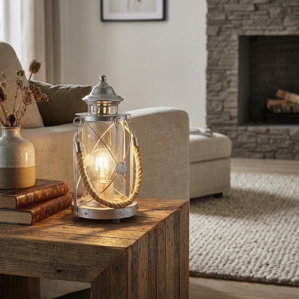 Silver lantern table lamp with a rope handle and exposed bulb on a rustic wooden table in a living room.