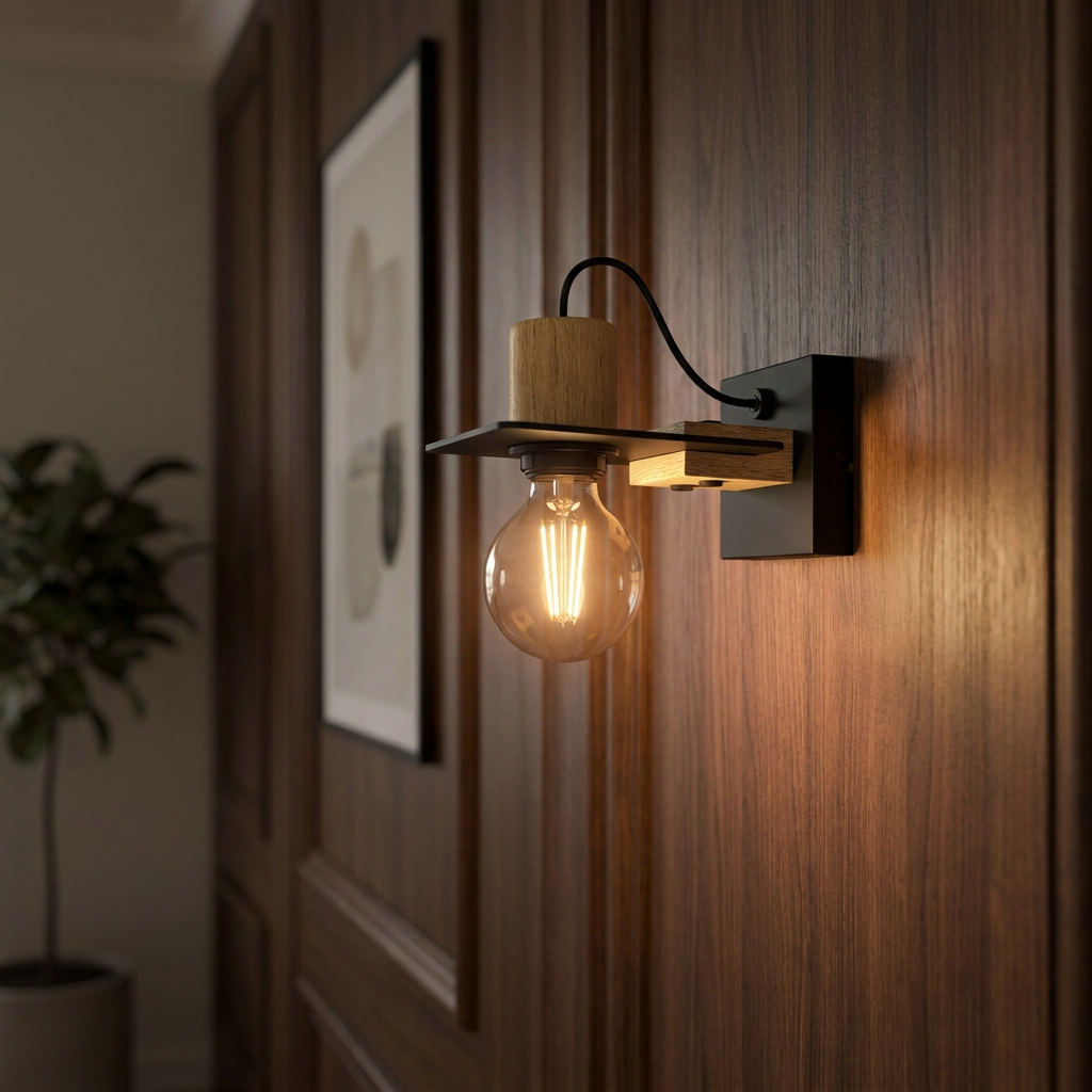 Eglo Bramerton wall light with wood and black metal finish, glowing with an exposed bulb on a wood paneled wall.