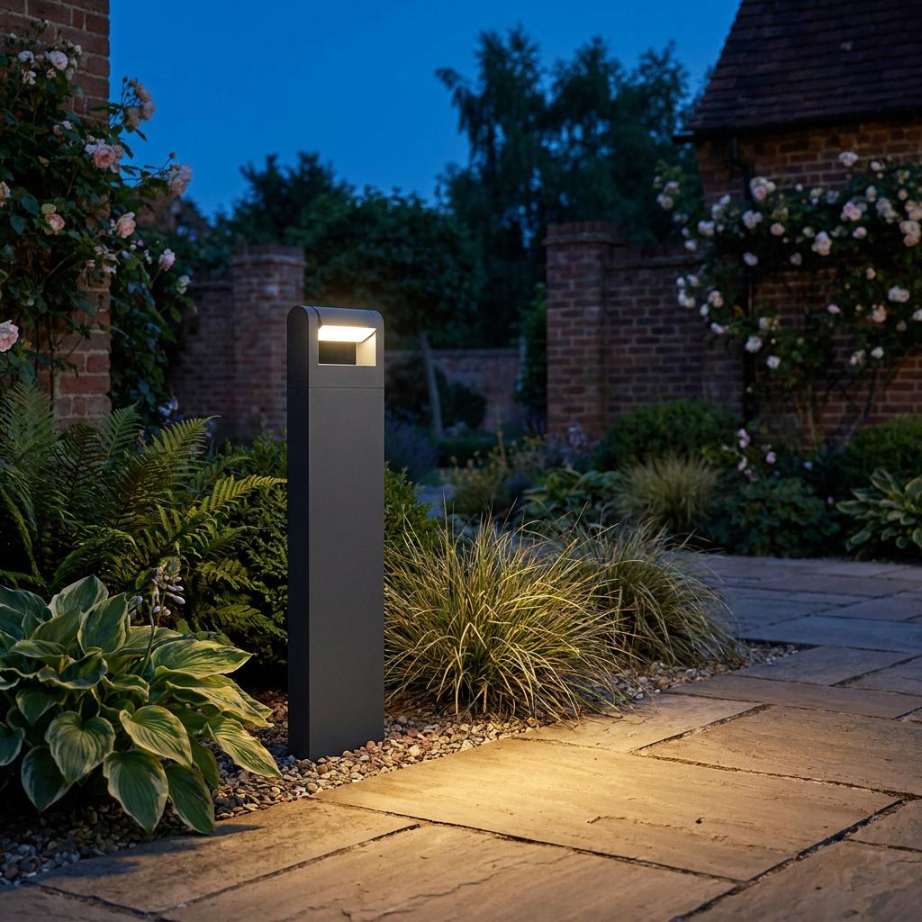 Modern charcoal grey Eglo Brianza bollard light illuminates a stone garden path at dusk.