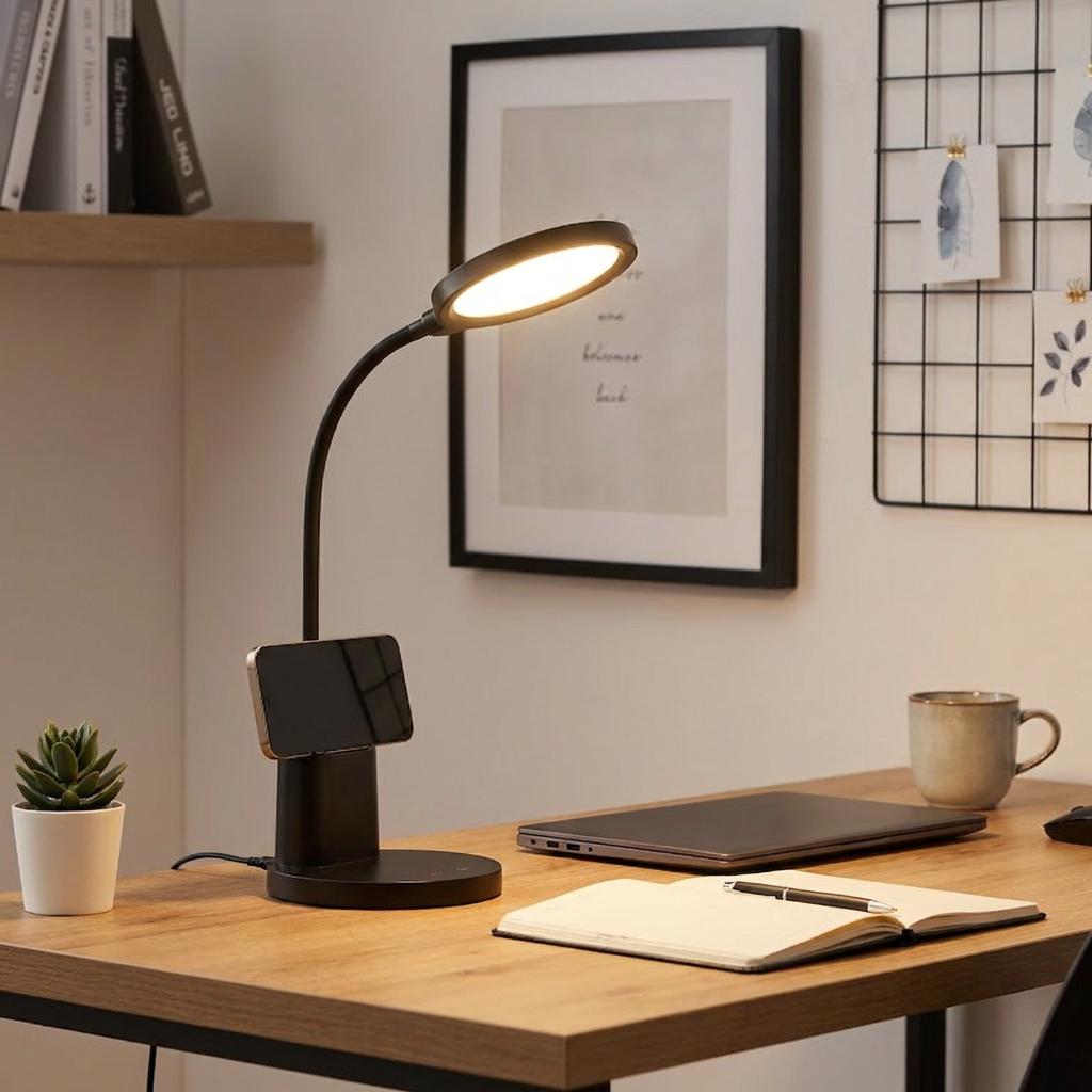 Black LED desk lamp with a flexible neck and phone holder illuminating a wooden desk in a home office setting.