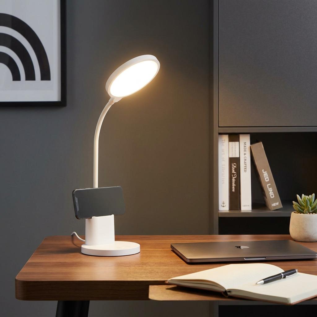 White LED desk lamp with a flexible neck and integrated phone holder illuminating a wooden desk with a laptop.