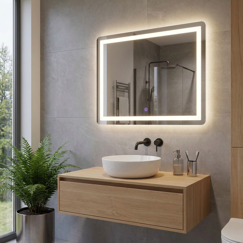 Rectangular LED lit mirror with touch sensor and backlighting above a wooden vanity in a contemporary bathroom.
