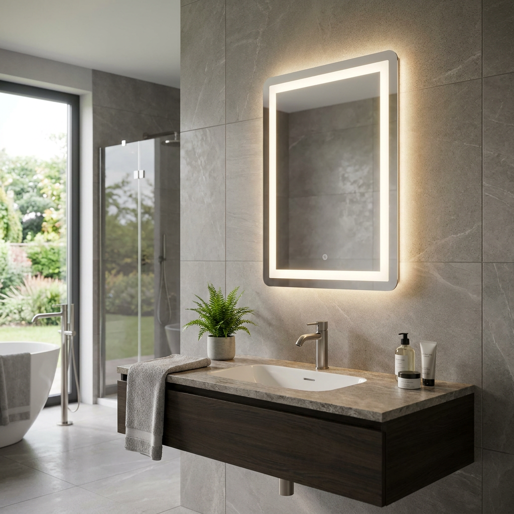 Rectangular LED bathroom mirror with a glowing border and touch sensor, mounted on a modern grey tiled wall.