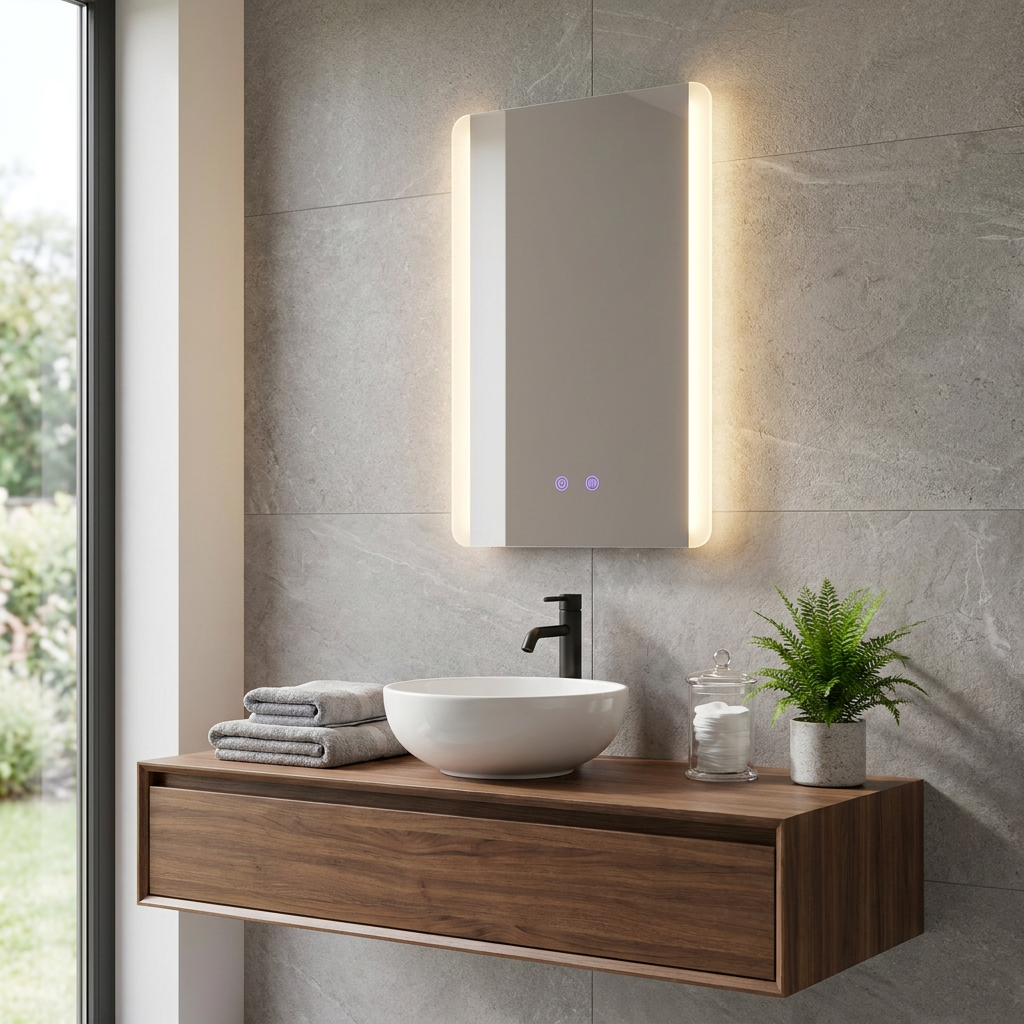 Modern rectangular LED bathroom mirror with touch sensors mounted on a grey tiled wall above a wooden vanity.
