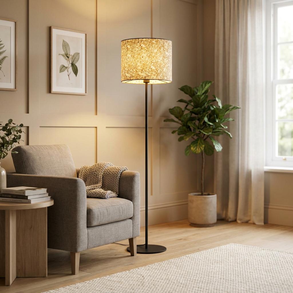 Eglo Butterburn black floor lamp with a lit birch leaf fabric shade in a cozy modern living room.