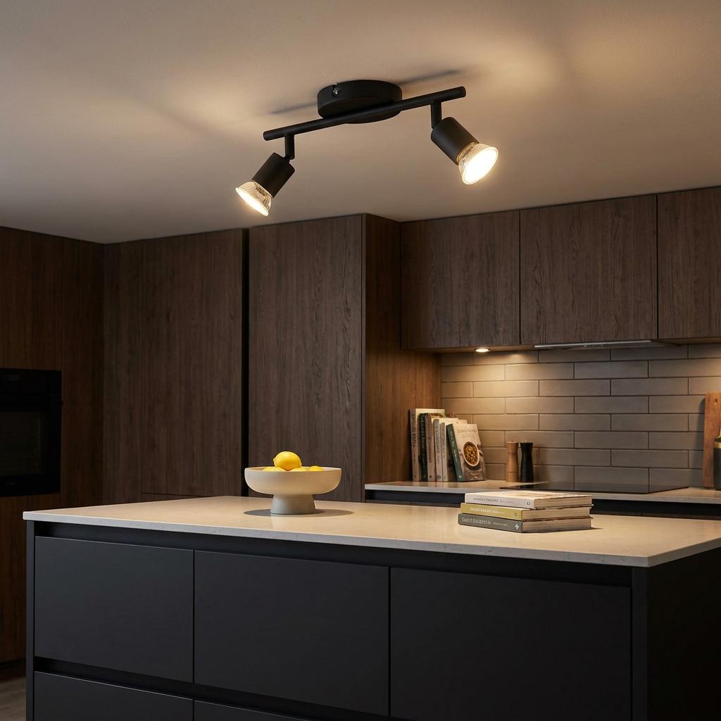 Eglo Buzz-LED black 2-light bar spotlight illuminated over a modern kitchen island with dark cabinetry.