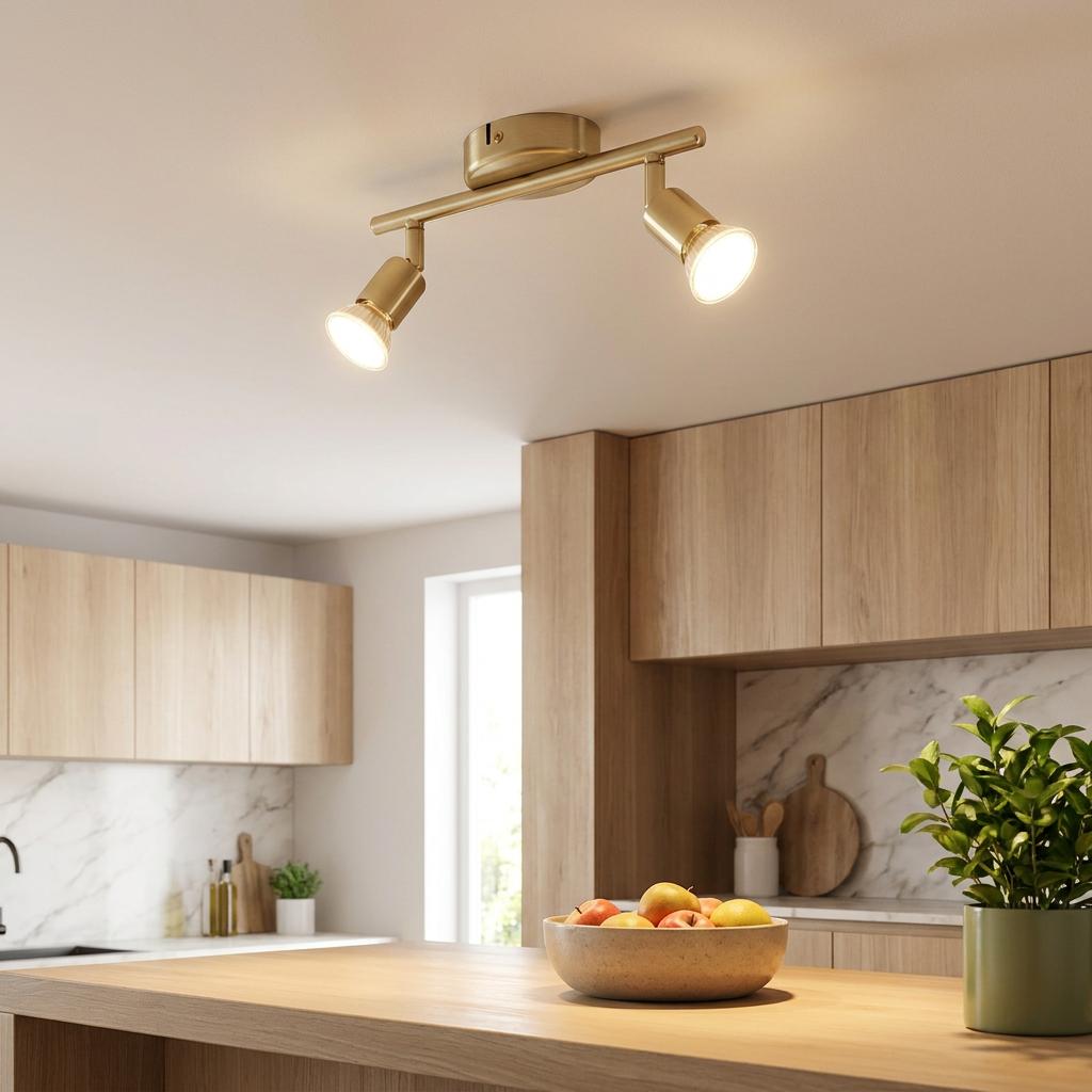 A brass 2-light bar spotlight fixture illuminating a modern kitchen island with warm light.