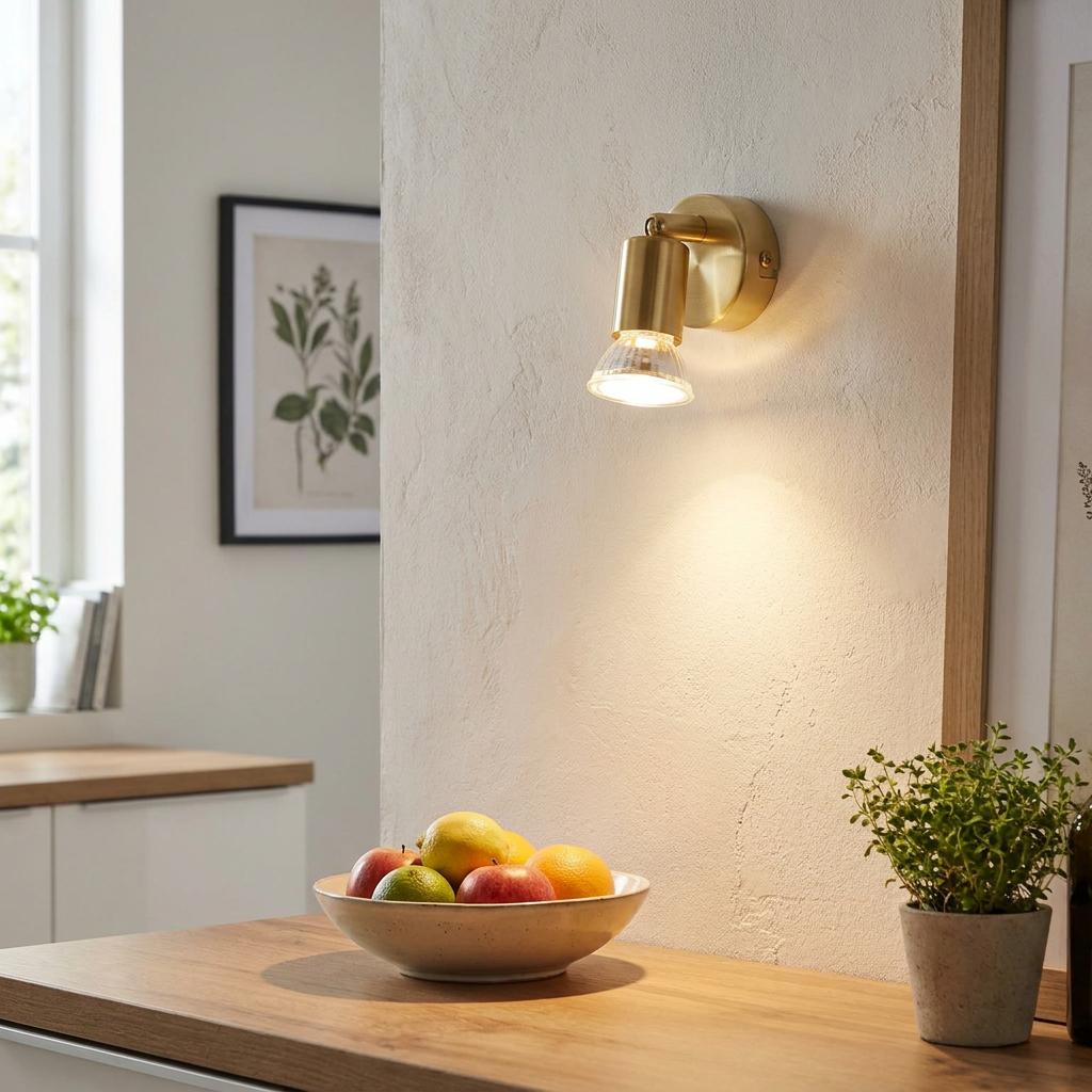 Eglo Buzz-LED brass wall spotlight illuminating a kitchen area with a fruit bowl on a wooden counter.