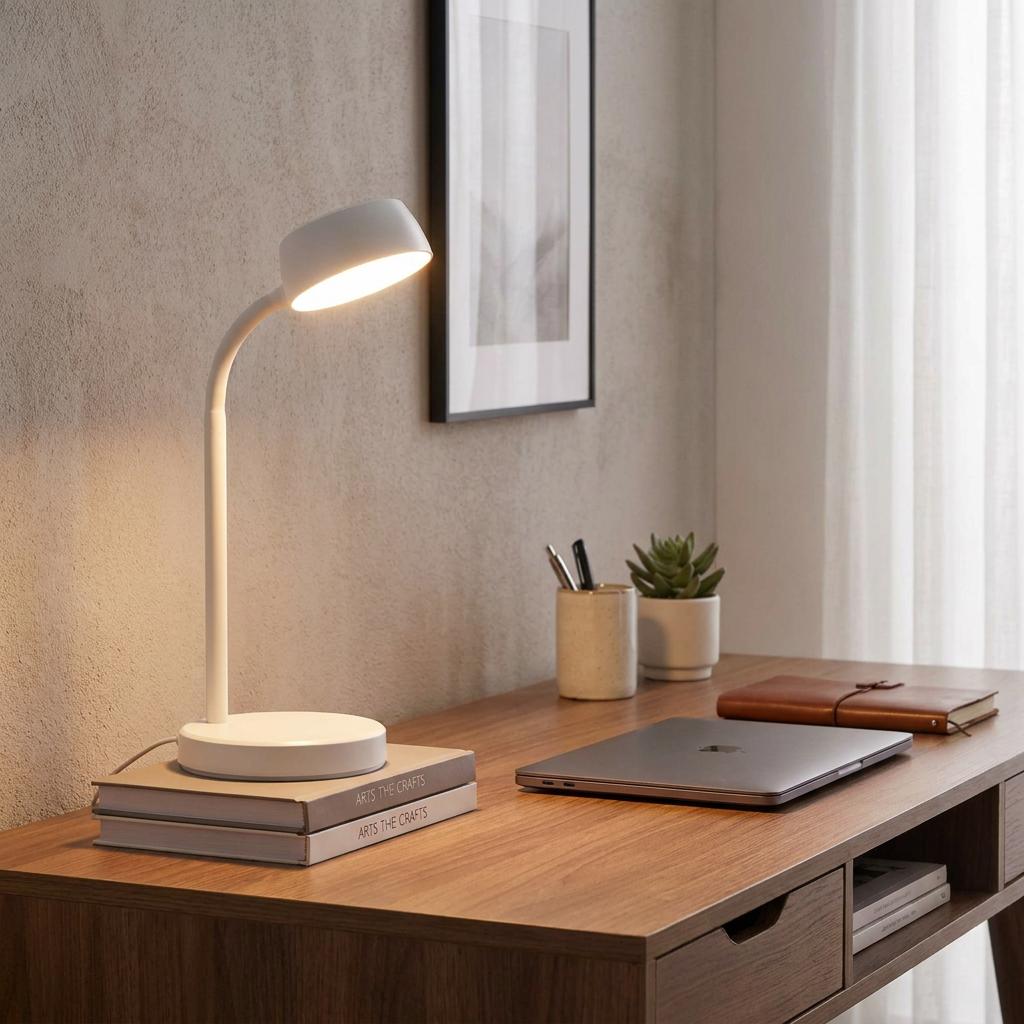 A white LED desk lamp illuminates a wooden workspace with a laptop, books, and a plant against a textured wall.