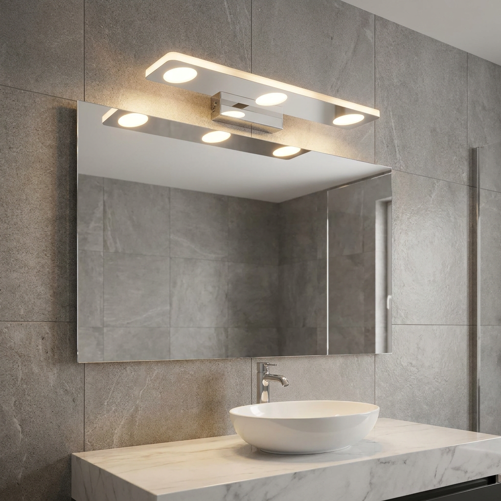 Modern chrome LED wall light mounted above a bathroom mirror in a contemporary grey-tiled setting.