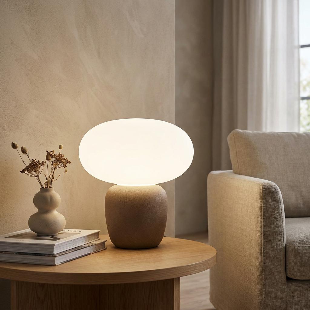Eglo Cahuama table lamp with a brown ceramic base and satin white glass shade glowing on a wooden side table.